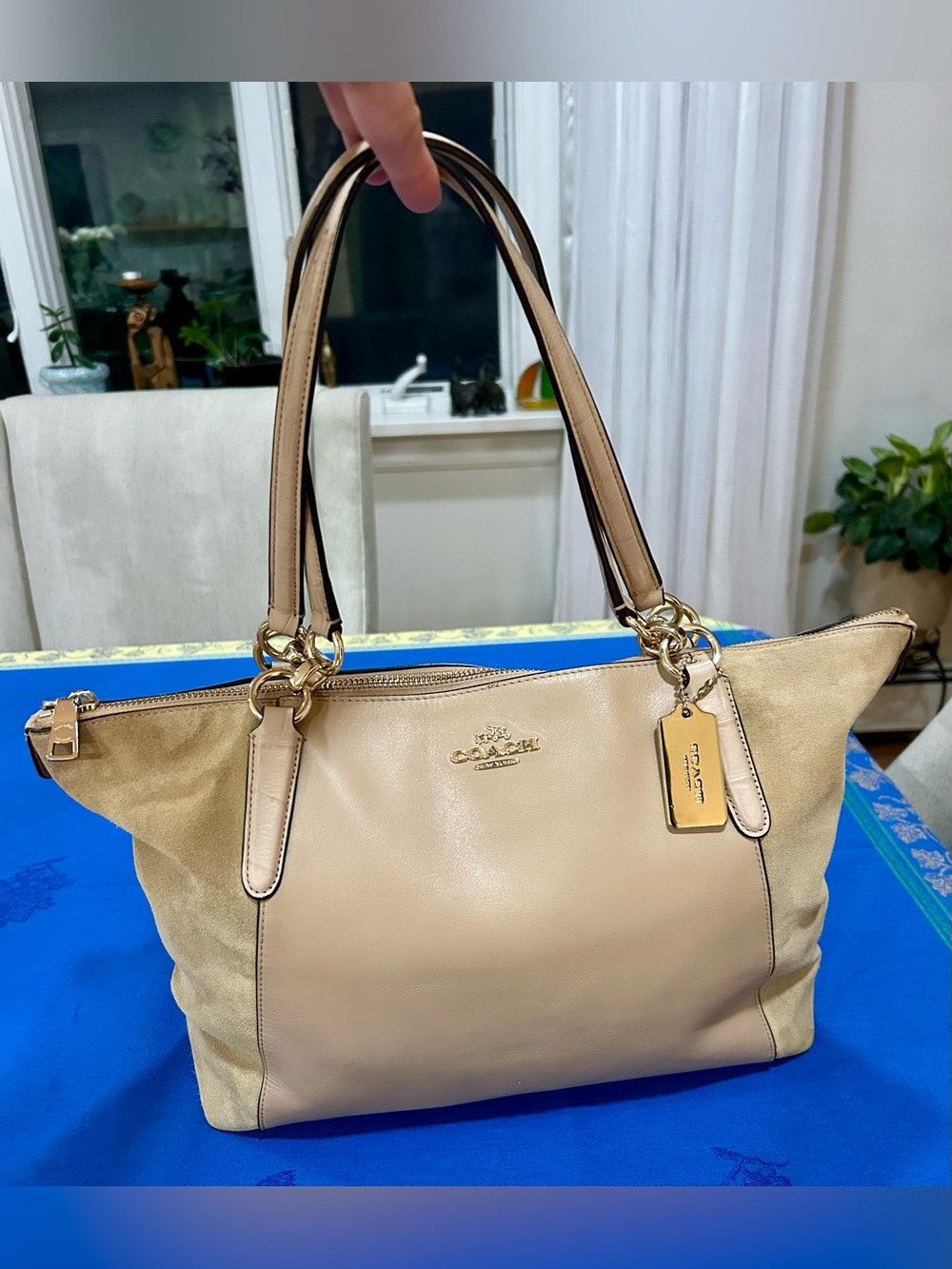 Coach Beige Leather & Suede Shoulder Tote with Gold Accent